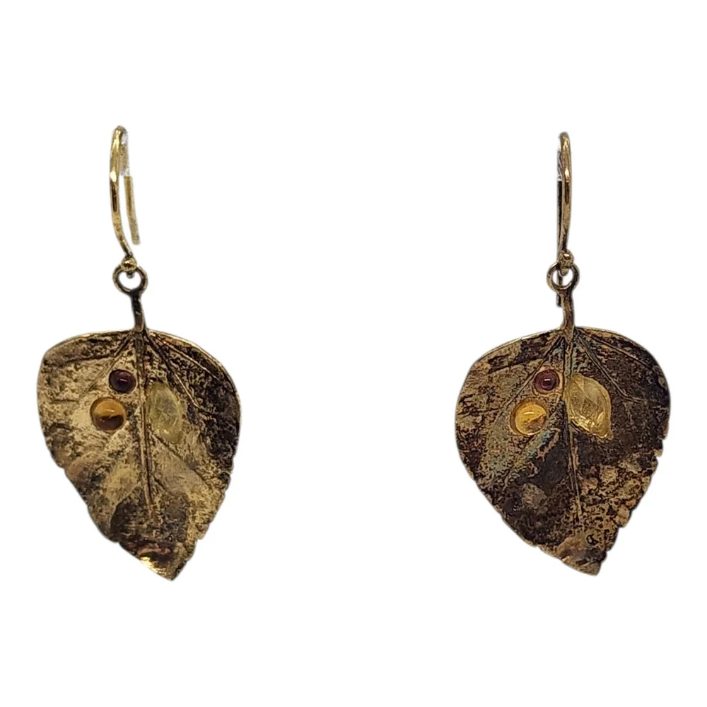 Vintage 14k Gold on 925 Sterling Silver Leaf Shaped Earrings YAM Israel